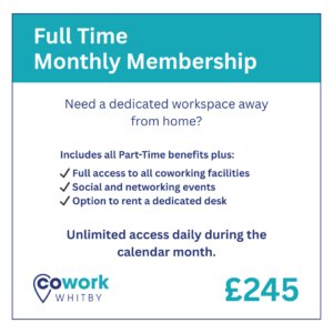 A white & teal tile showing details about Full Time Monthly Memberships
